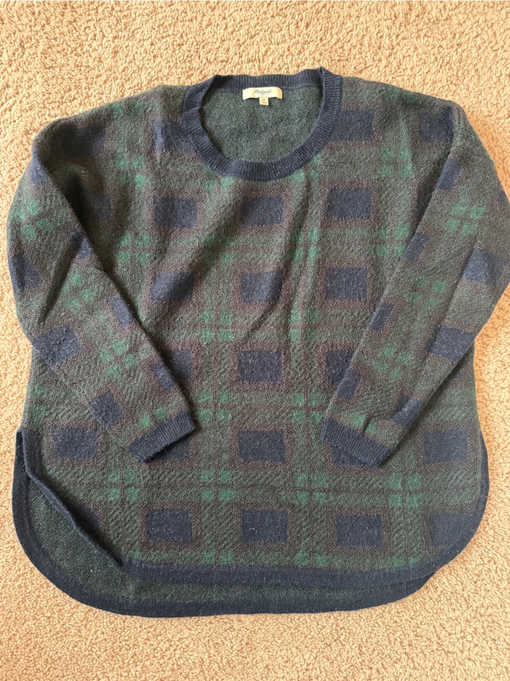 Madewell Plaid Crewneck Sweater in Navy and Green